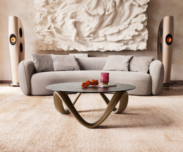 Konferenční stolek Tanju 90x90 cm metalická zlatá reliéfní sklo taupe - Image 2