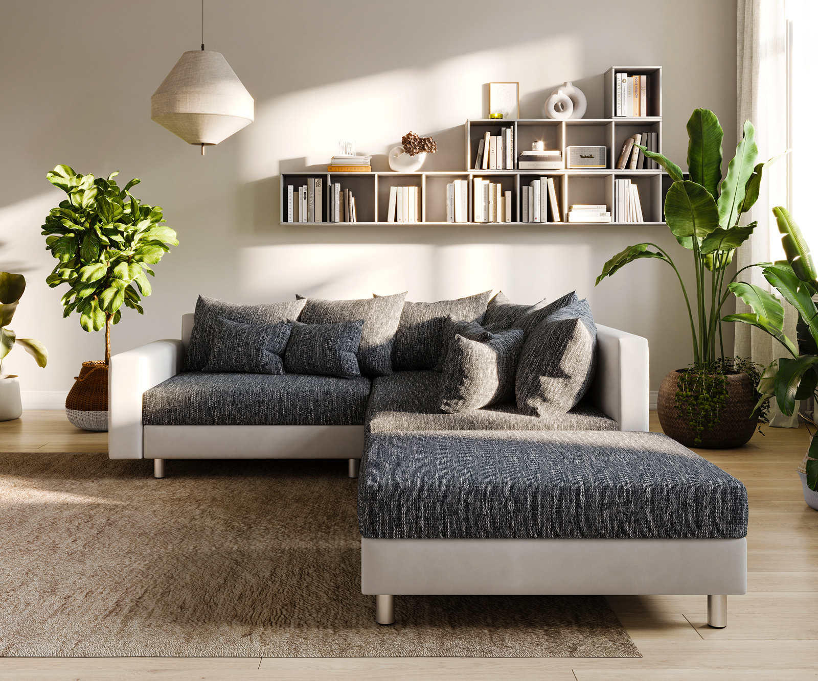 Rohová pohovka Clovis bílá černá taburet područka otomana pravá modulární - Obrázek 8