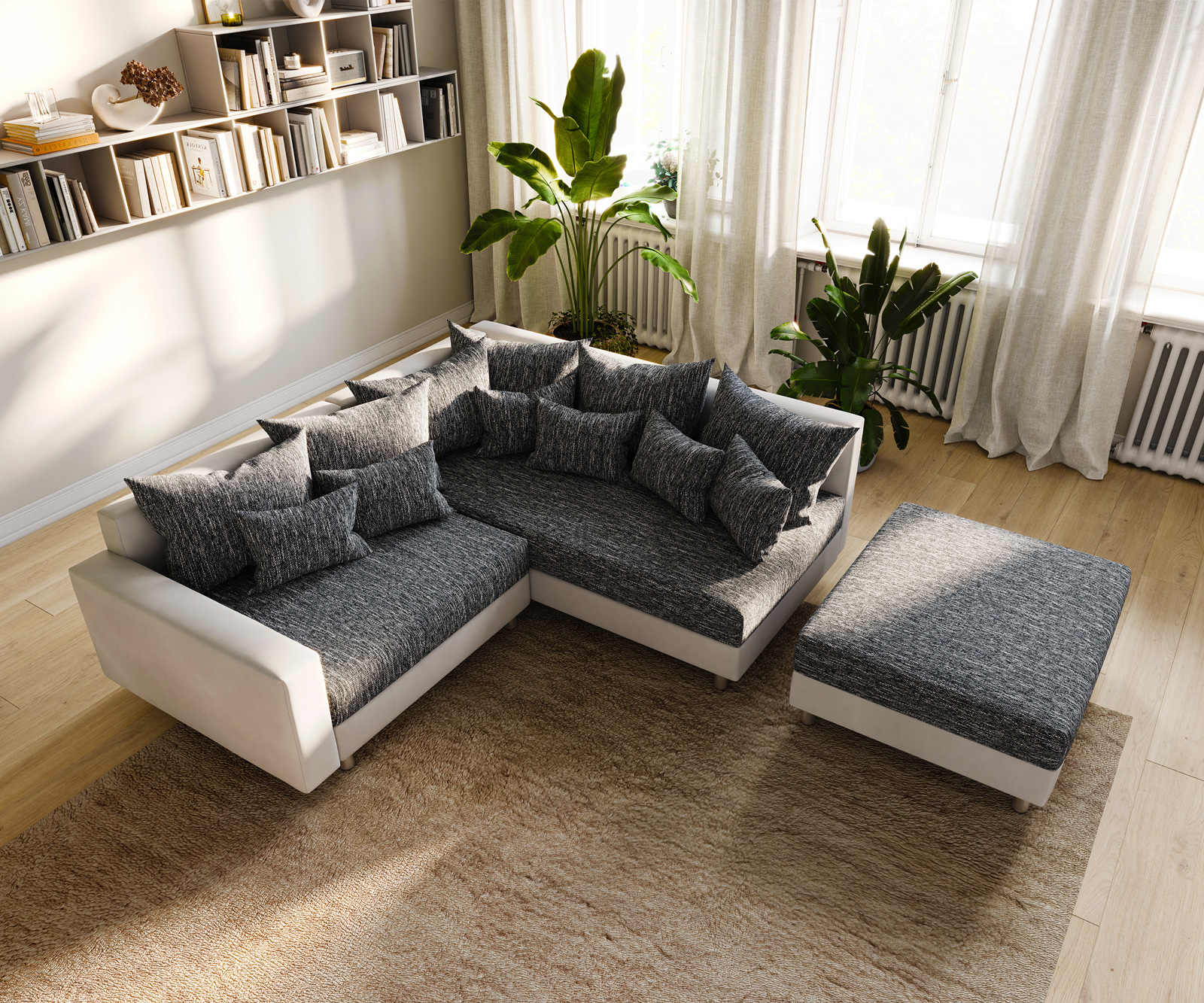 Rohová pohovka Clovis bílá černá taburet područka otomana pravá modulární - Obrázek 10