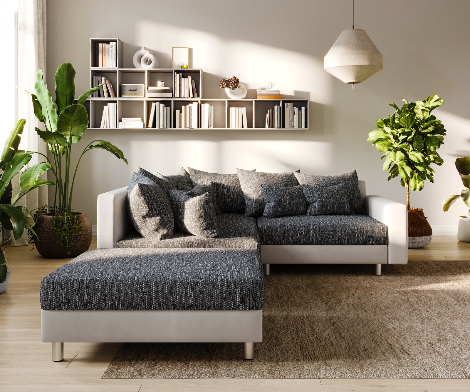 Rohová pohovka Clovis bílá černá modulární područka taburet otomana levá - Obrázek 8