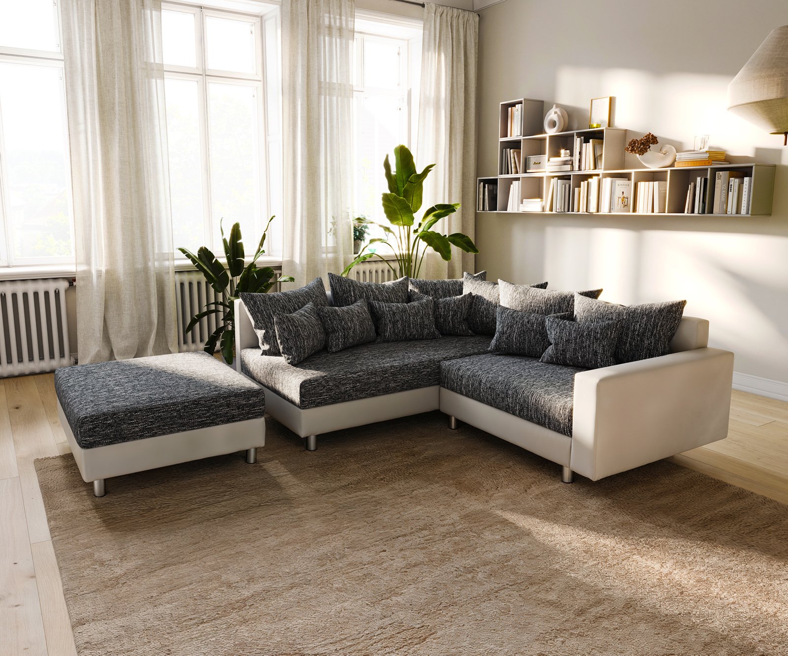 Rohová pohovka Clovis bílá černá modulární područka taburet otomana levá