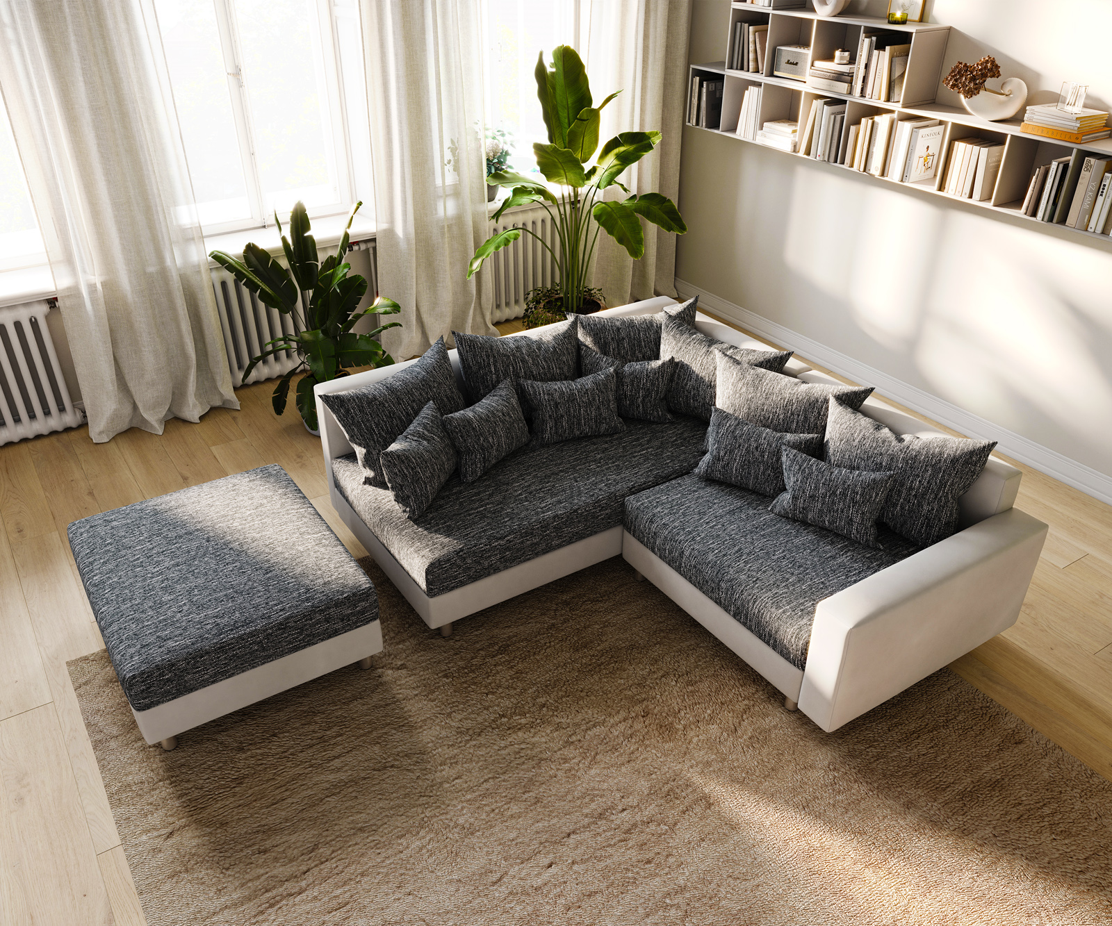 Rohová pohovka Clovis bílá černá modulární područka taburet otomana levá - Obrázek 10