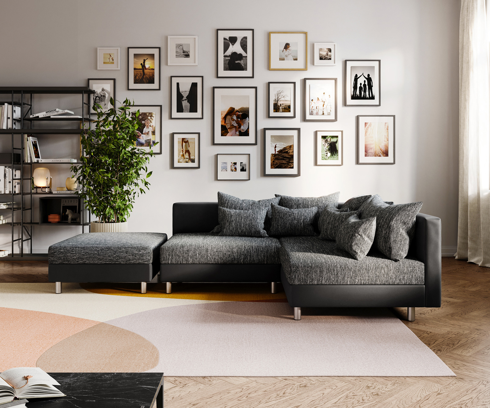 Rohová pohovka Clovis černá s taburetem otomanská pravá modulární - Obrázek 4