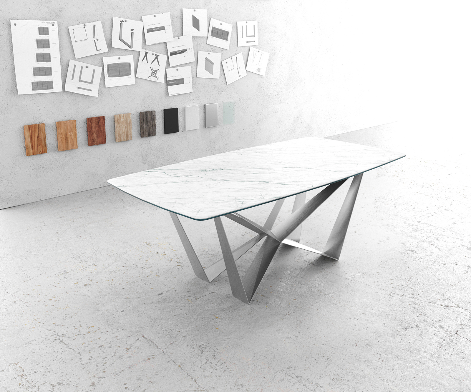 Jídelní stůl Edge oválný tvar 200x100 cm Laminam® keramika bílá Spider plochá ocel nerezová ocel