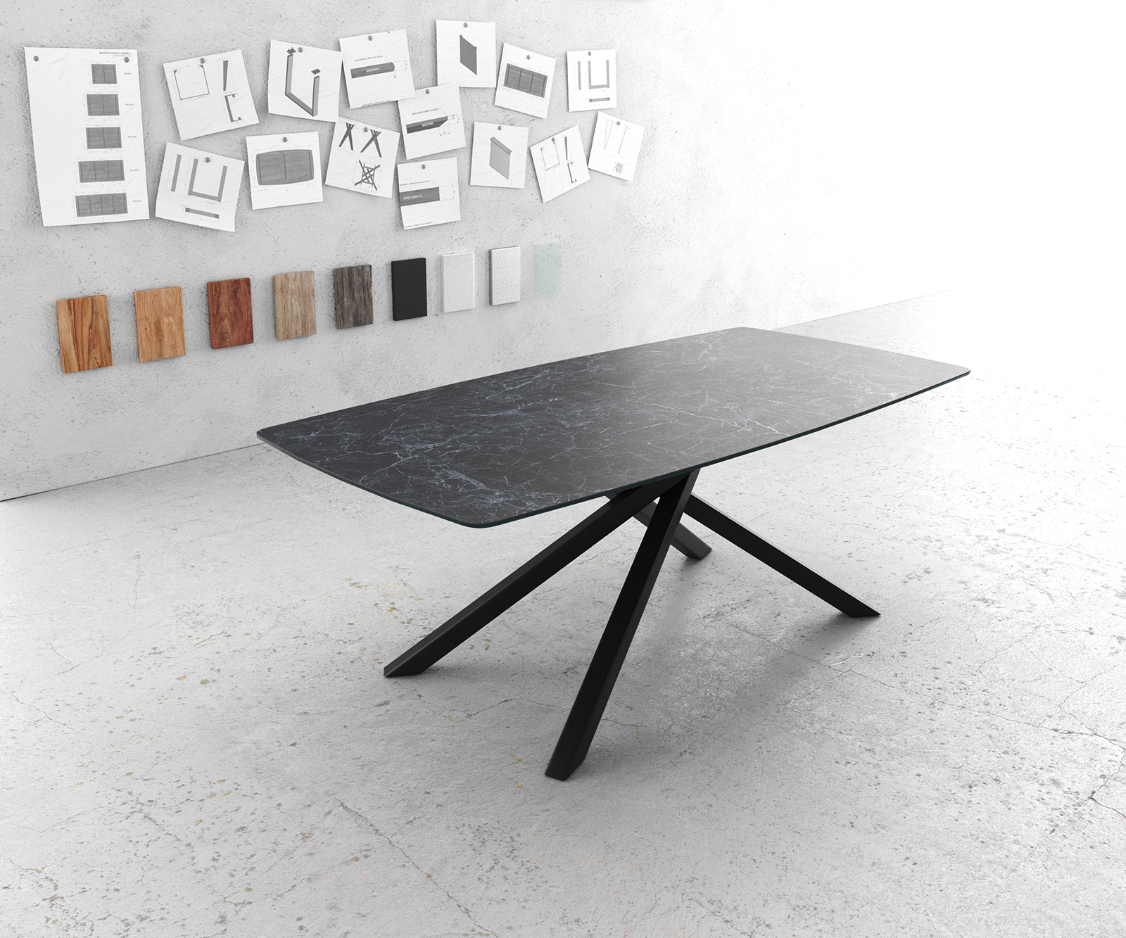 Jídelní stůl Edge oválný tvar 200x100 cm Laminam® keramika Nero Greco antracitová středová podnož kříž černá