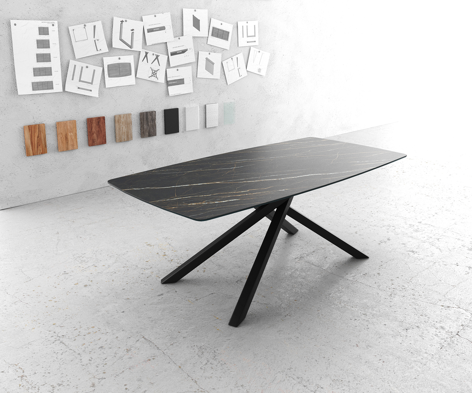 Jídelní stůl Edge oválný tvar 200x100 cm Laminam® keramika Noir Desir hnědá středová noha křížová podnož černá