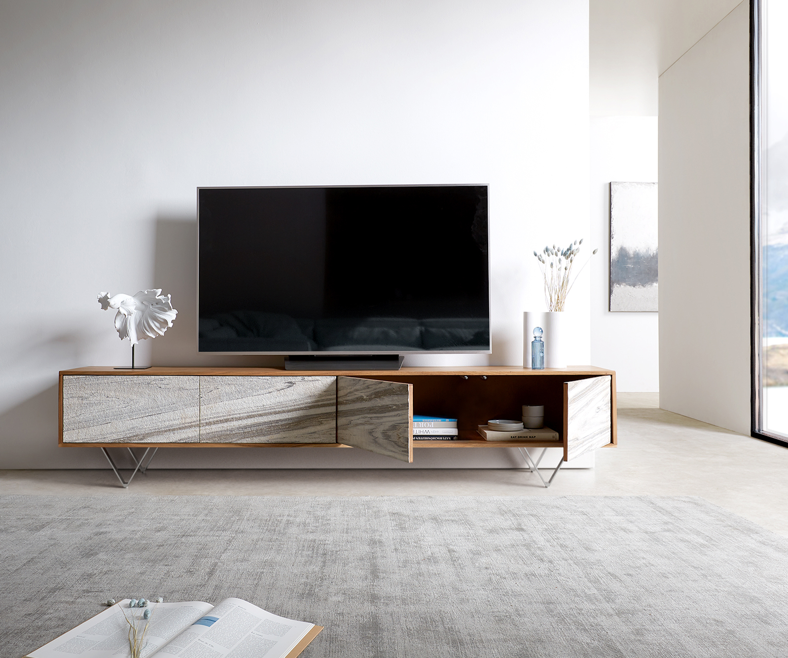 TV stolek Kleo 220 cm akácie přírodní 4 dvířka podnož ve tvaru V nerezová ocel - Obrázek 7