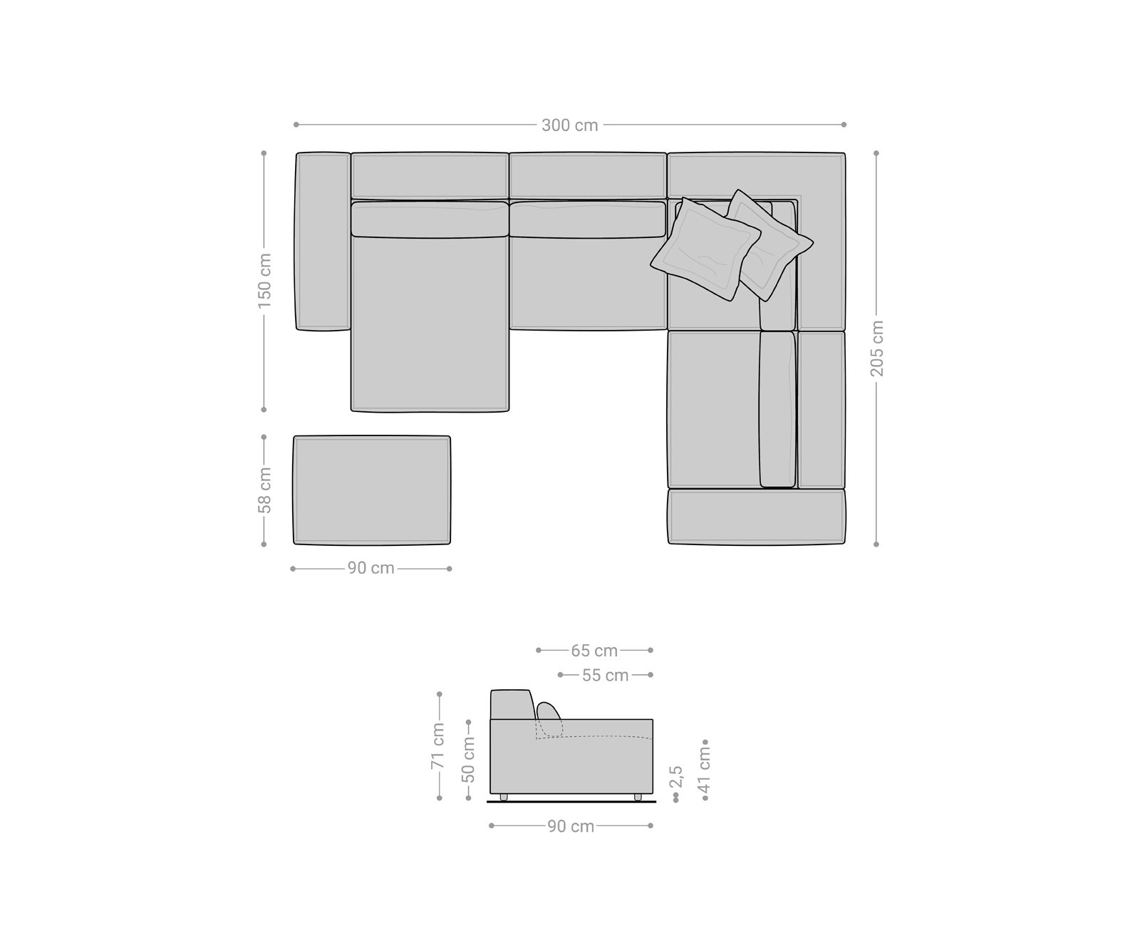 Pohovka ve tvaru "U" Sirpio 300x200 cm mikrovlákno černá lenoška variabilní s taburetem - Obrázek 8