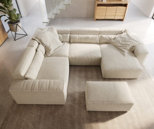 Pohovka ve tvaru "U" Sirpio 300x200 cm bouclé krémovo-bílá lenoška variabilní s taburetem - Obrázek 4