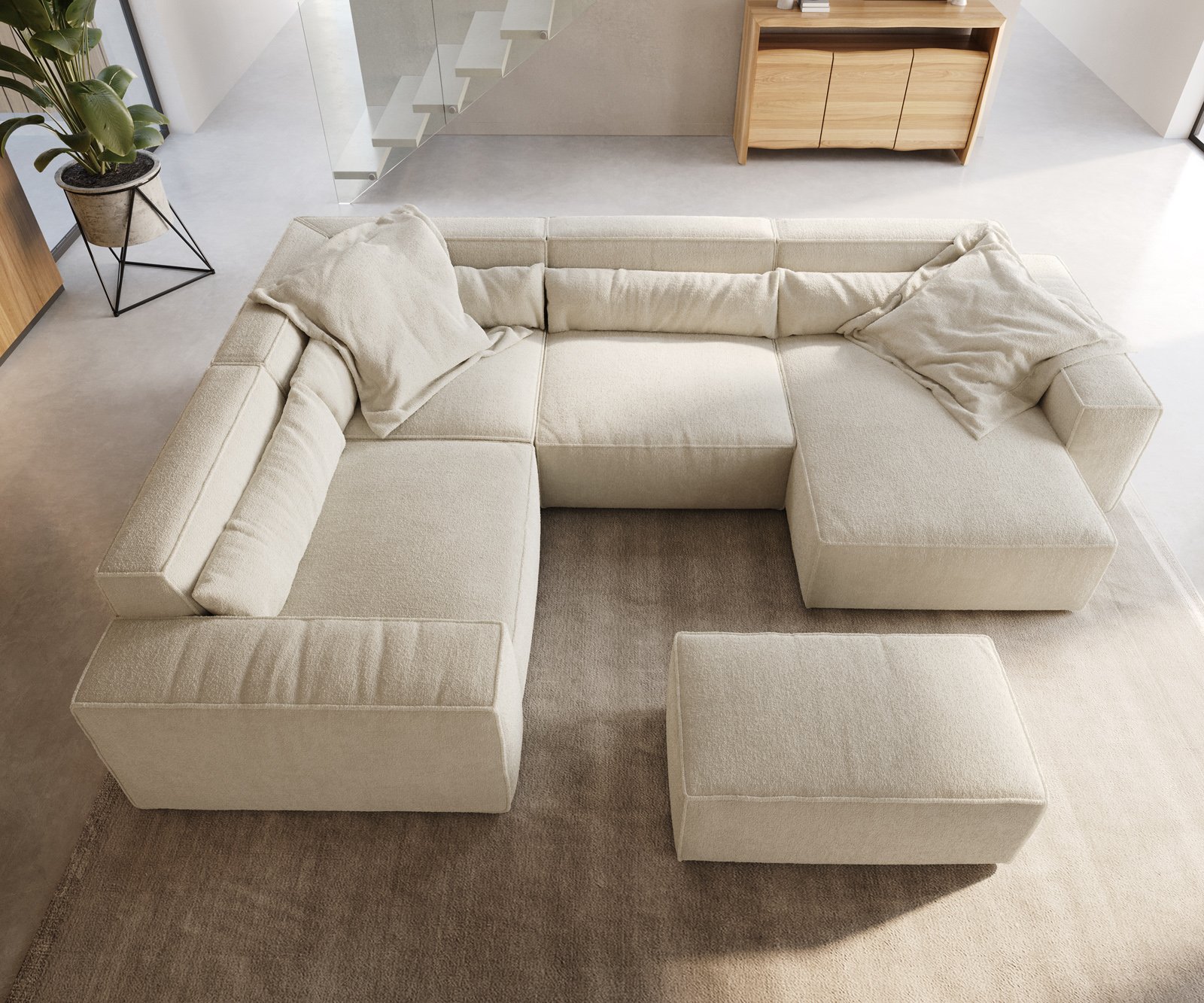 Pohovka ve tvaru "U" Sirpio 300x200 cm bouclé krémovo-bílá lenoška variabilní s taburetem - Obrázek 4