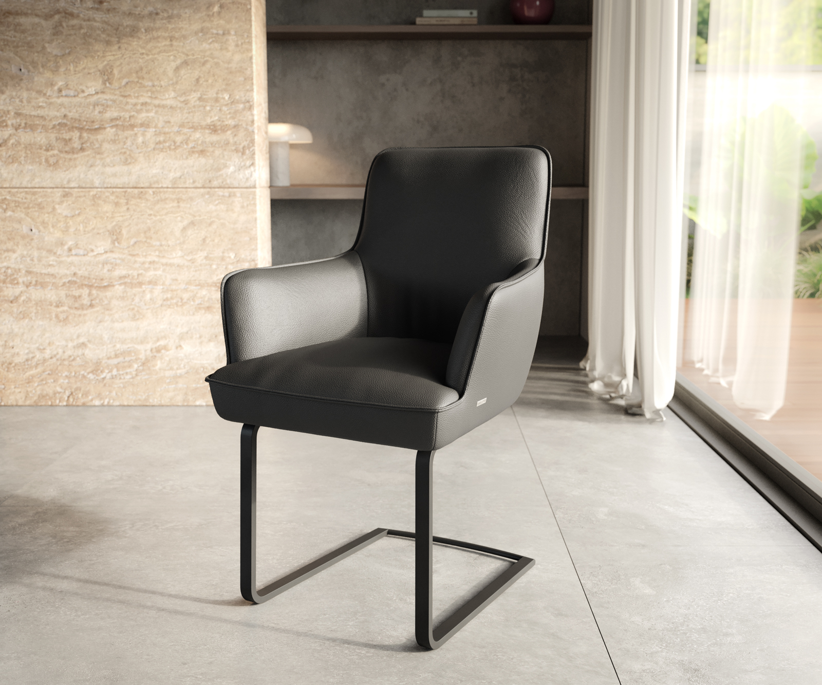 Jídelní židle Heira-Flex s područkami pravá kůže černá jídelní židle plochá černá taštičkové pružiny