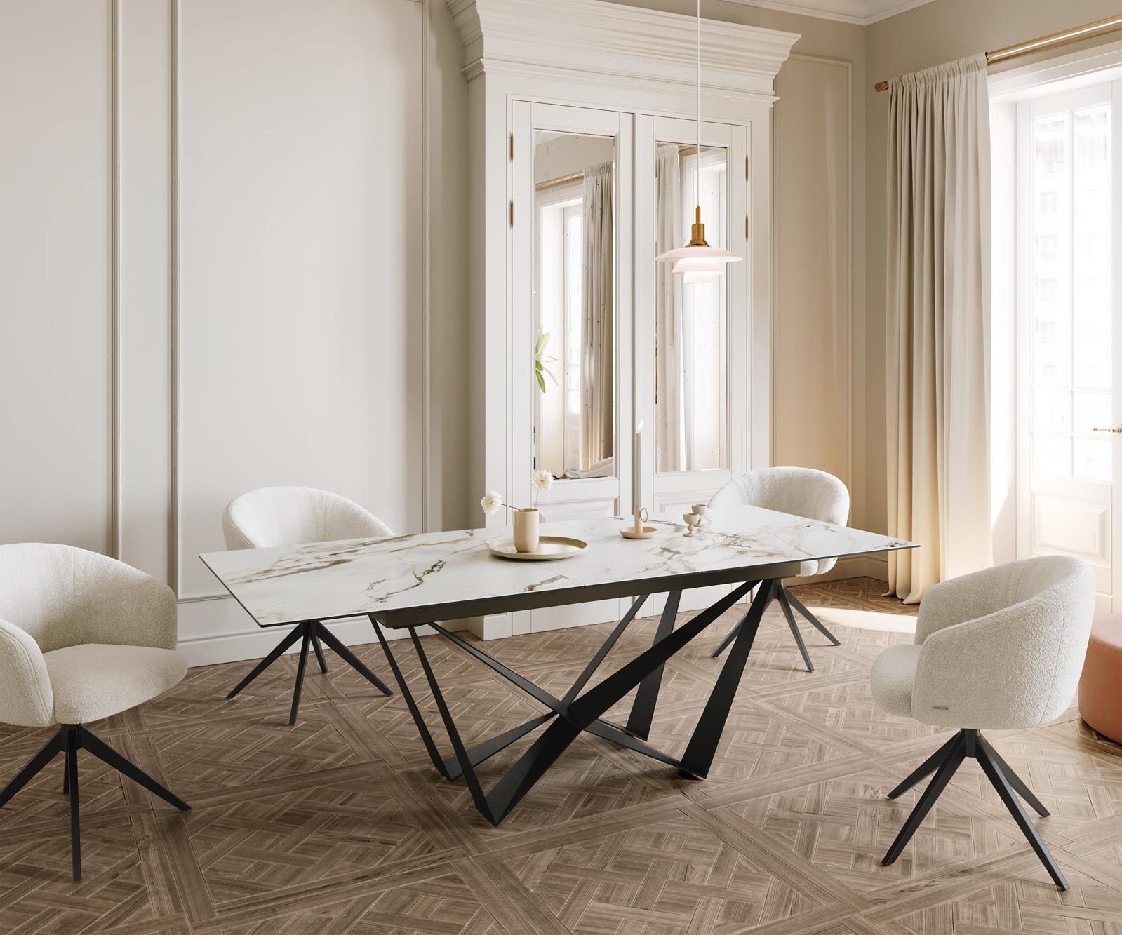 Jídelní stůl Edge 180-220x100 keramika Calacatta Luxe bílá-zlatá-šedá spider plochá ocel černá rozkládací - Obrázek 7