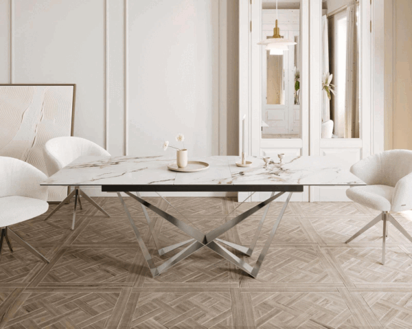 Jídelní stůl Edge 180-220x100 keramika Calacatta Luxe bílá-zlatá-šedá Spider plochá ocel nerezová ocel rozkládací - Obrázek 2