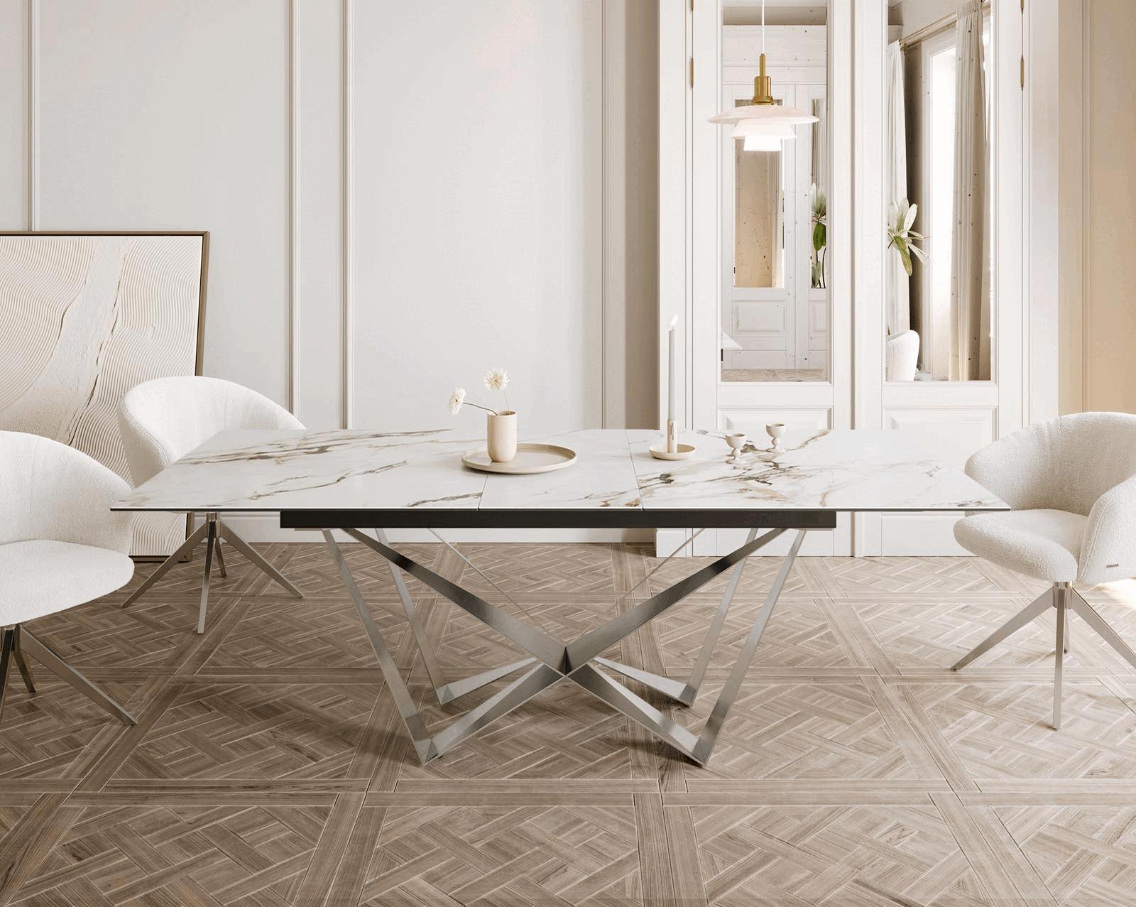 Jídelní stůl Edge 180-220x100 keramika Calacatta Luxe bílá-zlatá-šedá Spider plochá ocel nerezová ocel rozkládací - Obrázek 2