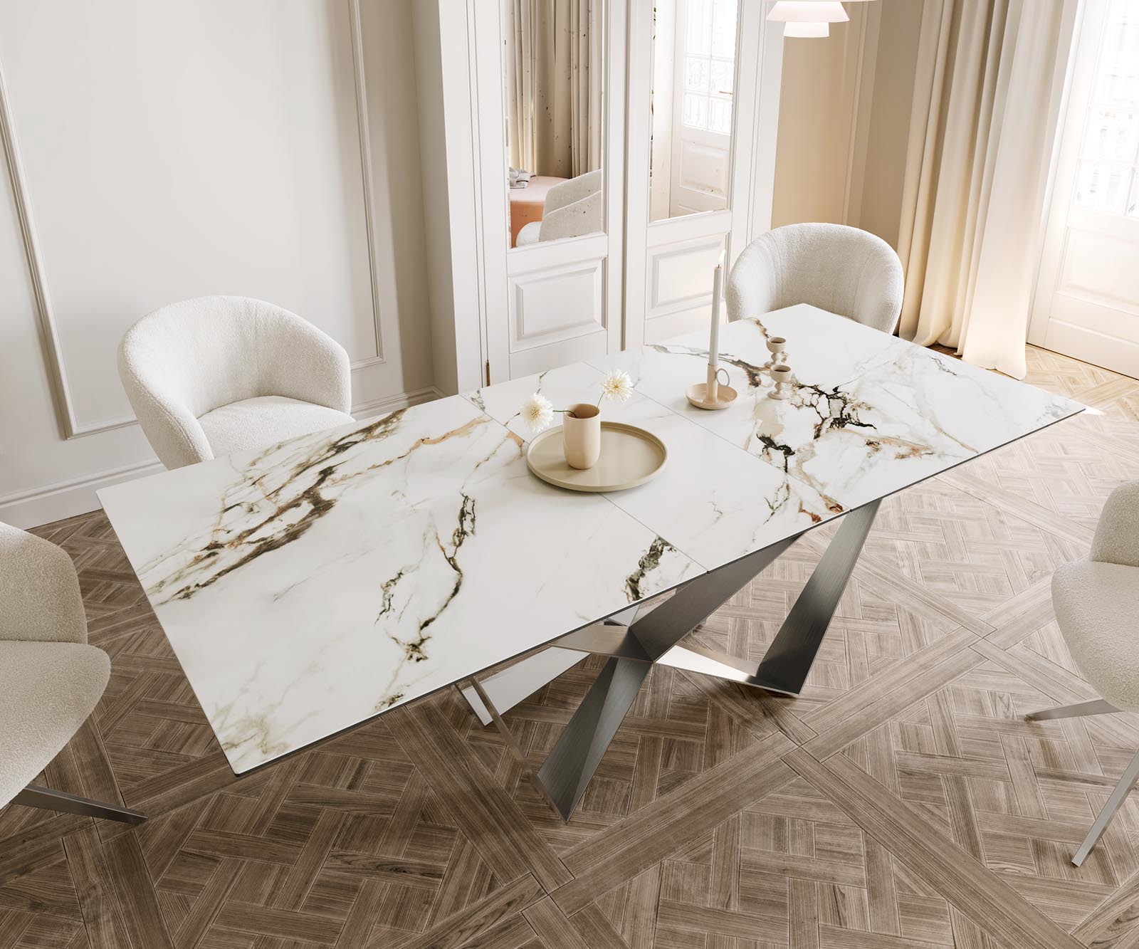 Jídelní stůl Edge 180-220x100 keramika Calacatta Luxe bílá-zlatá-šedá Spider plochá ocel nerezová ocel rozkládací - Obrázek 5