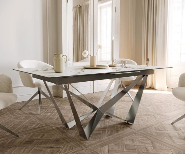 Jídelní stůl Edge 180-220x100 keramika Calacatta Luxe bílá-zlatá-šedá Spider plochá ocel nerezová ocel rozkládací - Obrázek 6