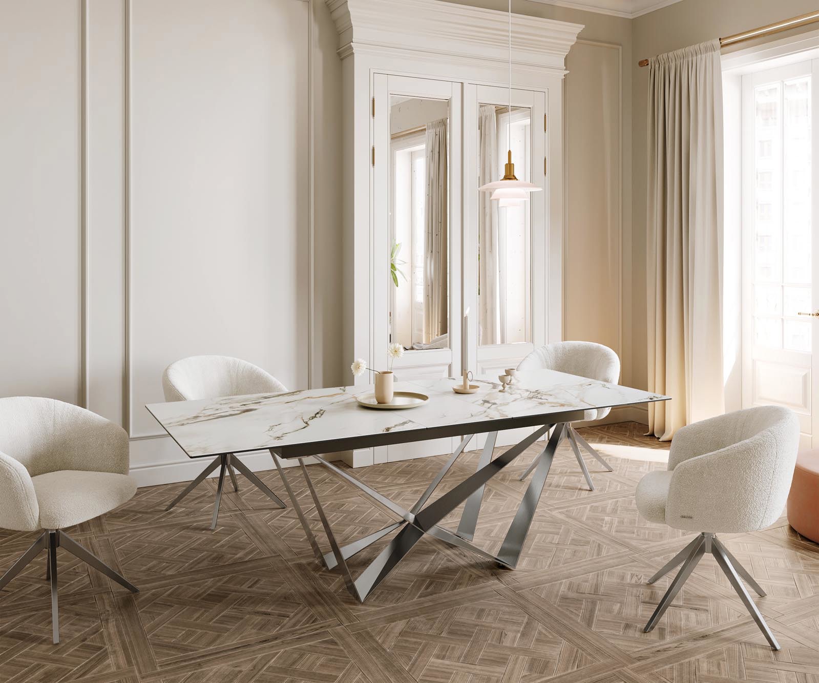 Jídelní stůl Edge 180-220x100 keramika Calacatta Luxe bílá-zlatá-šedá Spider plochá ocel nerezová ocel rozkládací - Obrázek 7