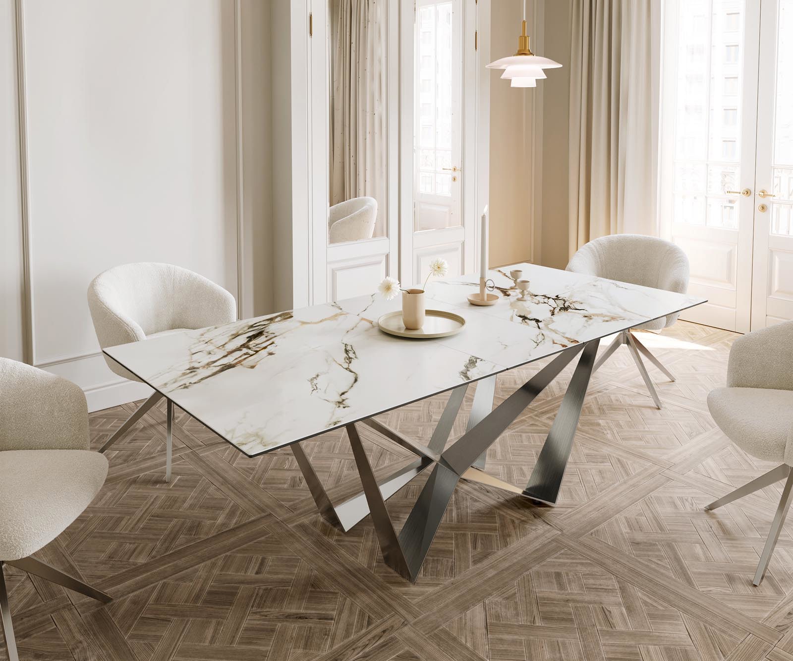 Jídelní stůl Edge 180-220x100 keramika Calacatta Luxe bílá-zlatá-šedá Spider plochá ocel nerezová ocel rozkládací