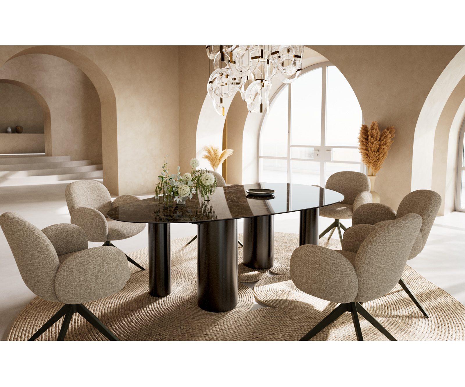 Jídelní stůl Edge oválný 220x120 keramika Laminam® Emperador Extra Lucidato tmavě hnědá pilíř nerezová ocel grafit - Obrázek 6