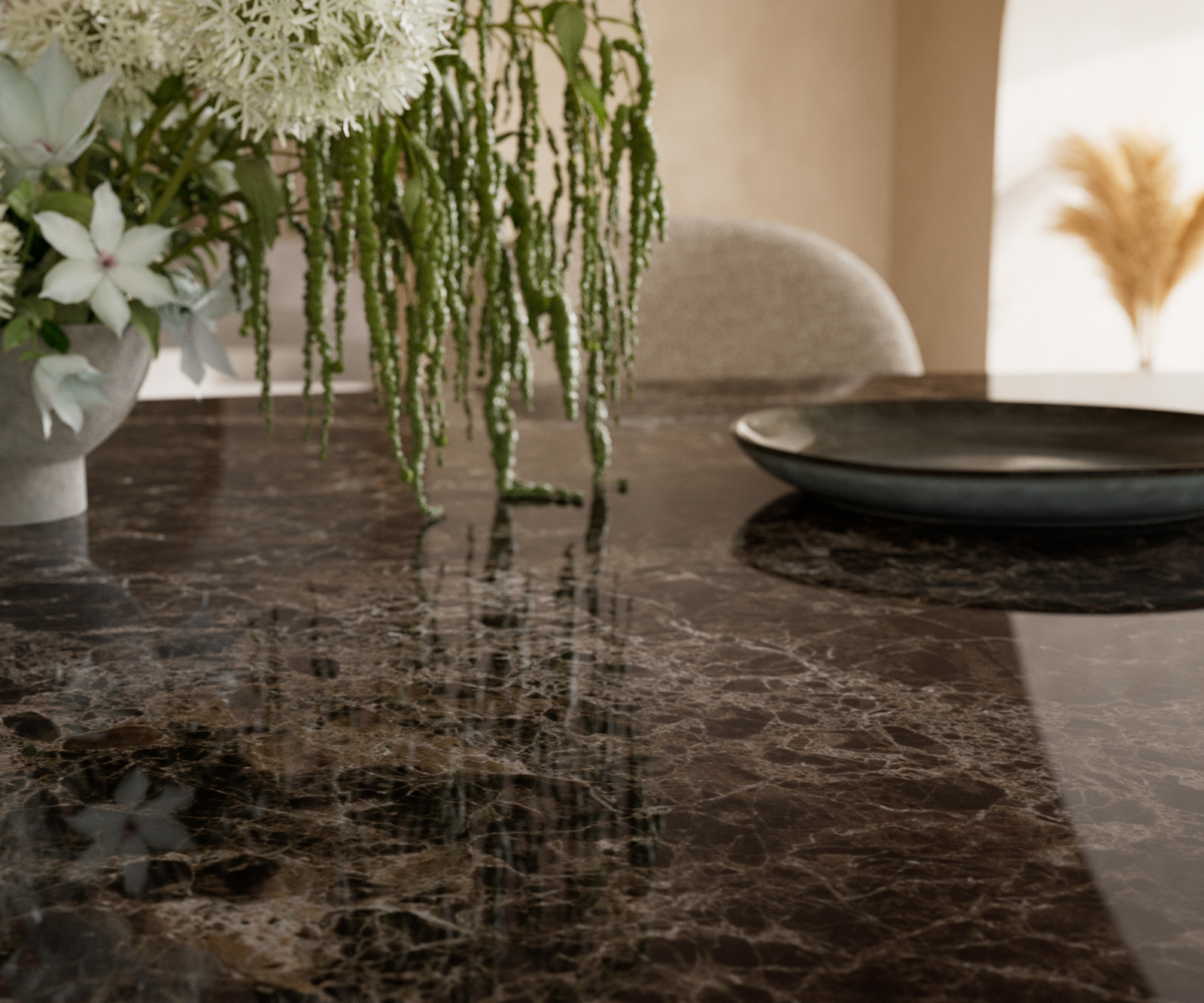 Jídelní stůl Edge oválný 220x120 keramika Laminam® Emperador Extra Lucidato tmavě hnědá pilíř nerezová ocel grafit - Obrázek 7