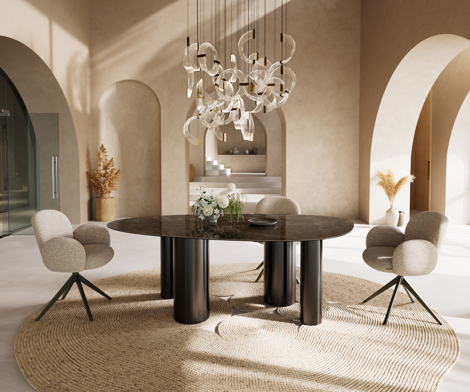 Jídelní stůl Edge oválný 220x120 keramika Laminam® Emperador Extra Lucidato tmavě hnědá pilíř nerezová ocel grafit - Obrázek 4