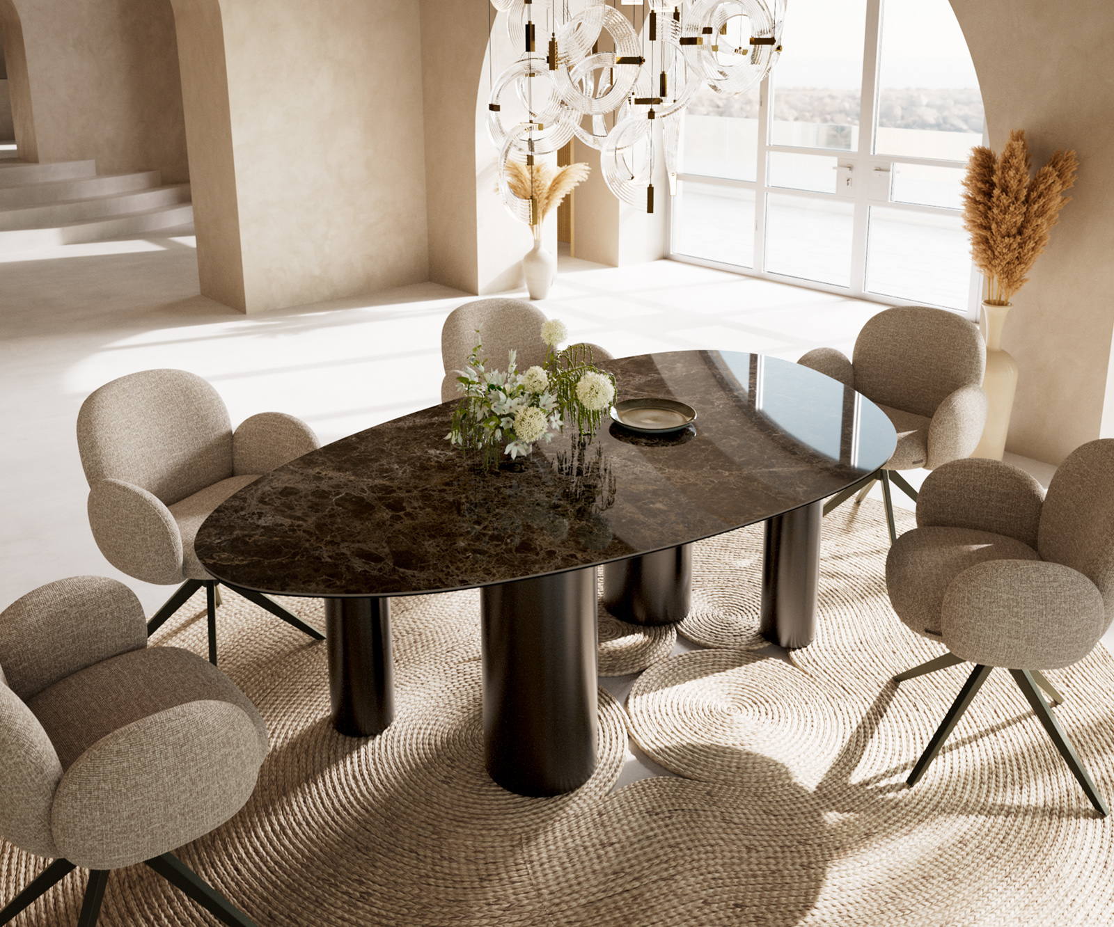 Jídelní stůl Edge oválný 220x120 keramika Laminam® Emperador Extra Lucidato tmavě hnědá pilíř nerezová ocel grafit