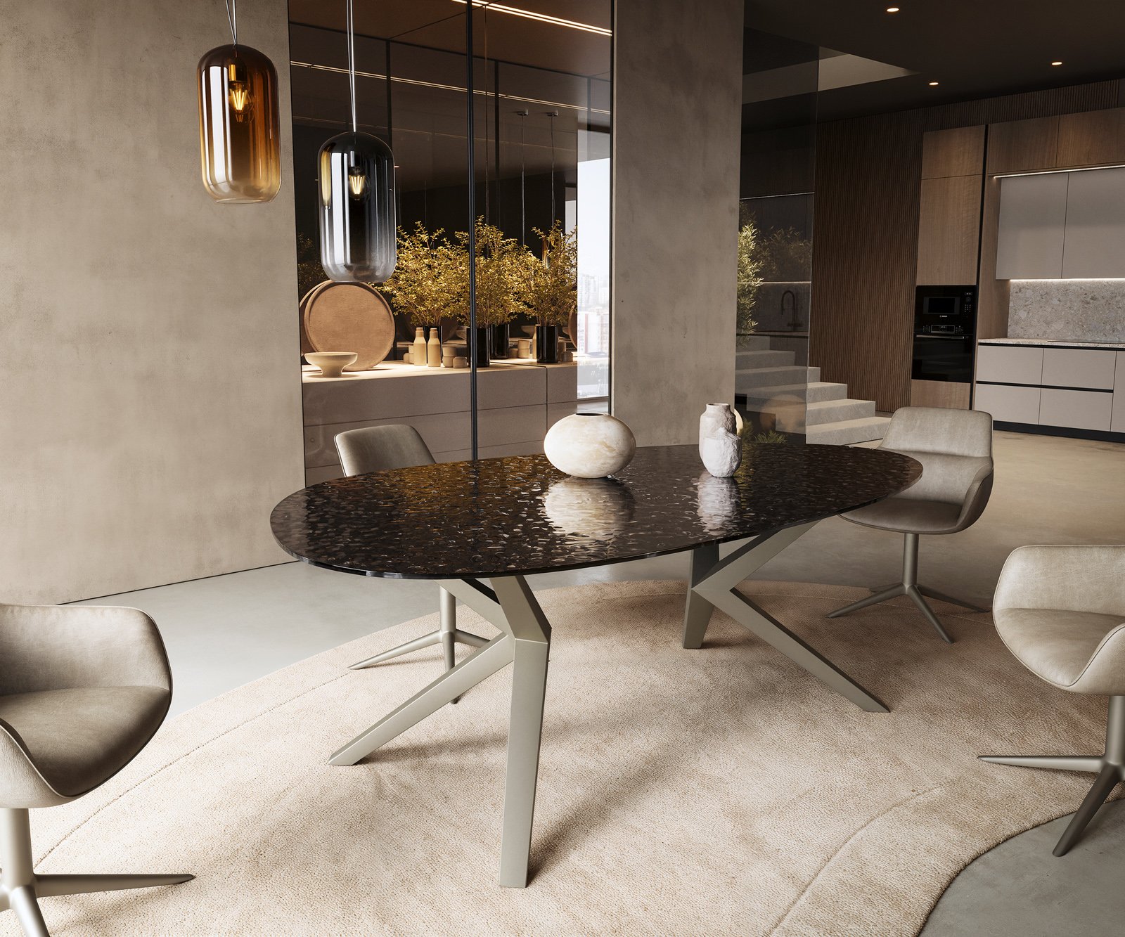 Jídelní stůl Edge oválný 220x120 reliéfní sklo kouřově černá 3D design Zenthara hranatý kov titanová barva