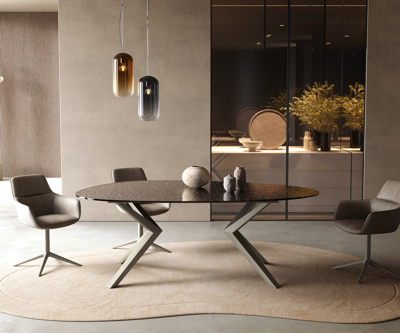 Jídelní stůl Edge oválný 220x120 reliéfní sklo kouřově černá 3D design Zenthara hranatý kov titanová barva - Obrázek 2