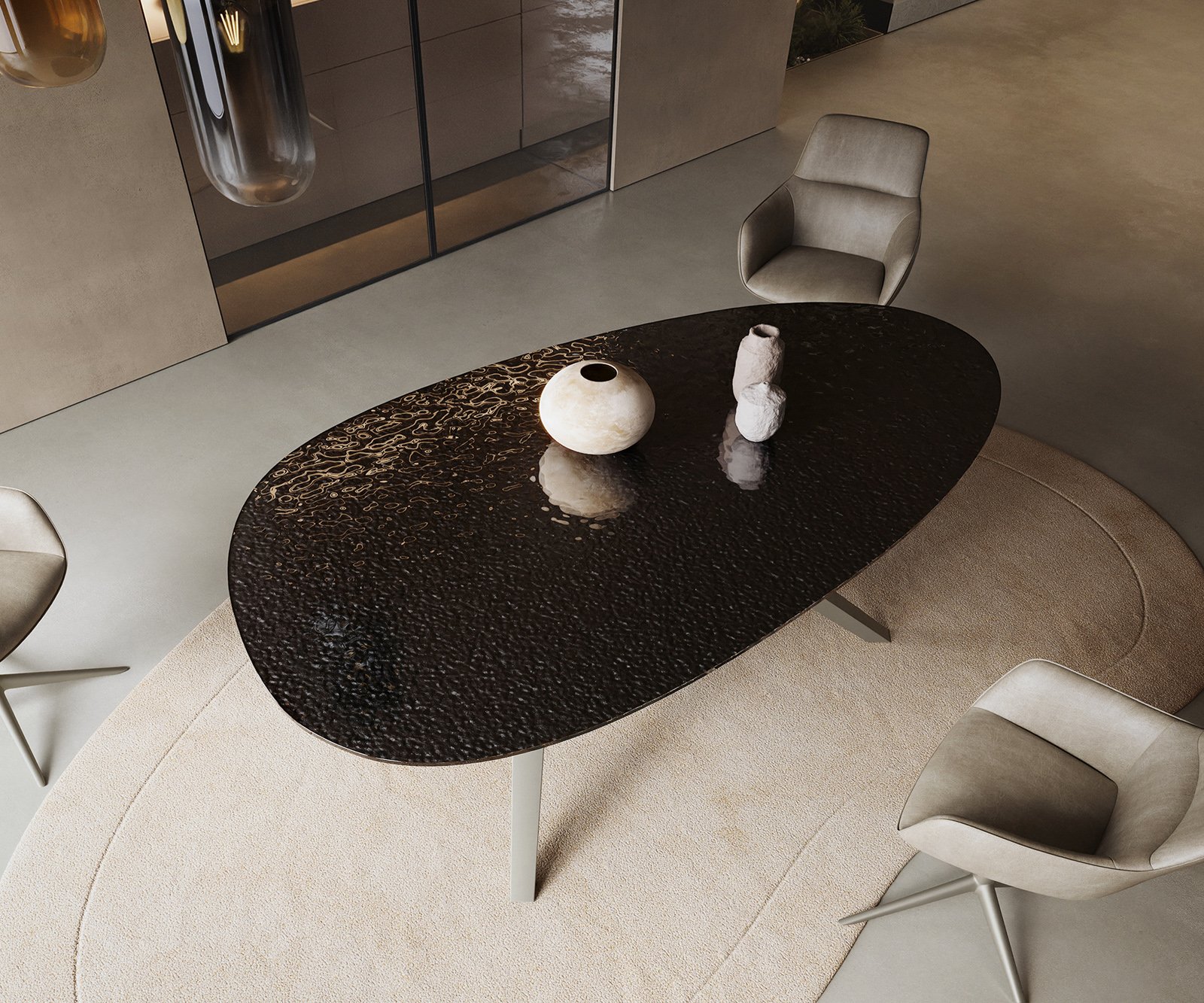 Jídelní stůl Edge oválný 220x120 reliéfní sklo kouřově černá 3D design Zenthara hranatý kov titanová barva - Obrázek 4