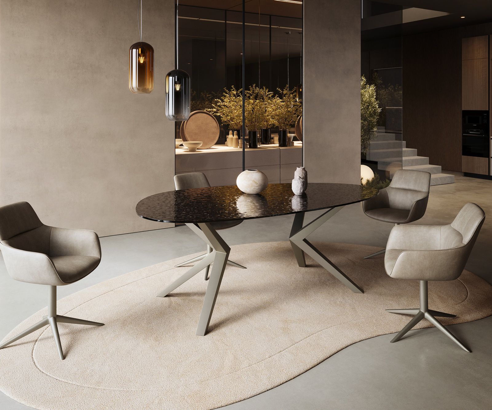 Jídelní stůl Edge oválný 220x120 reliéfní sklo kouřově černá 3D design Zenthara hranatý kov titanová barva - Obrázek 5