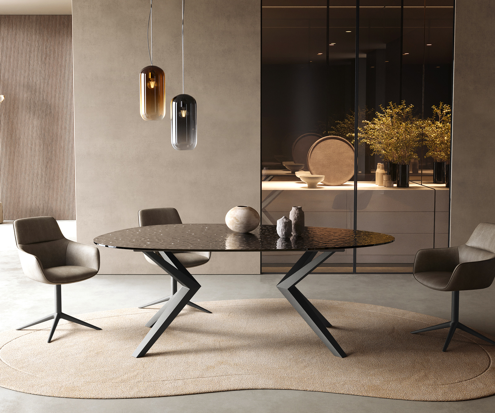 Jídelní stůl Edge oválný 220x120 reliéfní sklo kouřově černá 3D design Zenthara hranatý kov černá - Obrázek 2