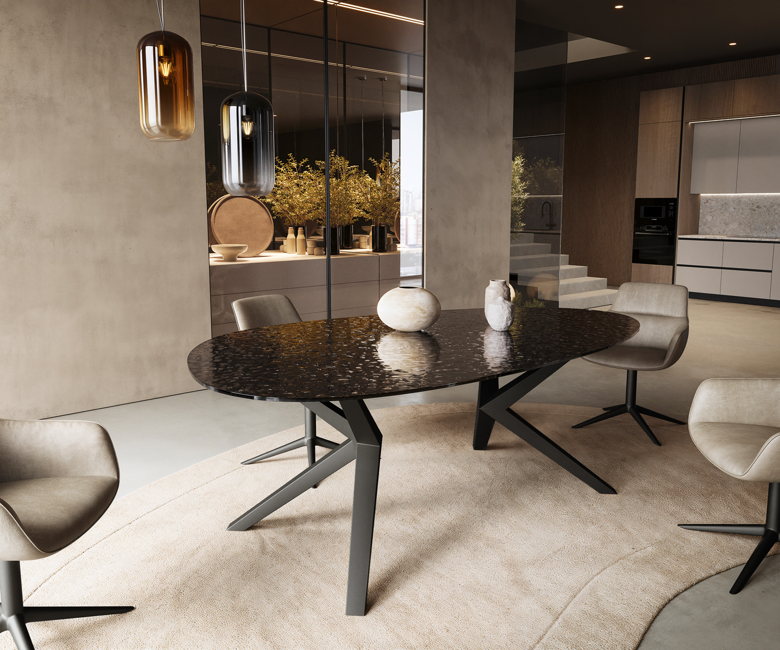 Jídelní stůl Edge oválný 220x120 reliéfní sklo kouřově černá 3D design Zenthara hranatý kov černá