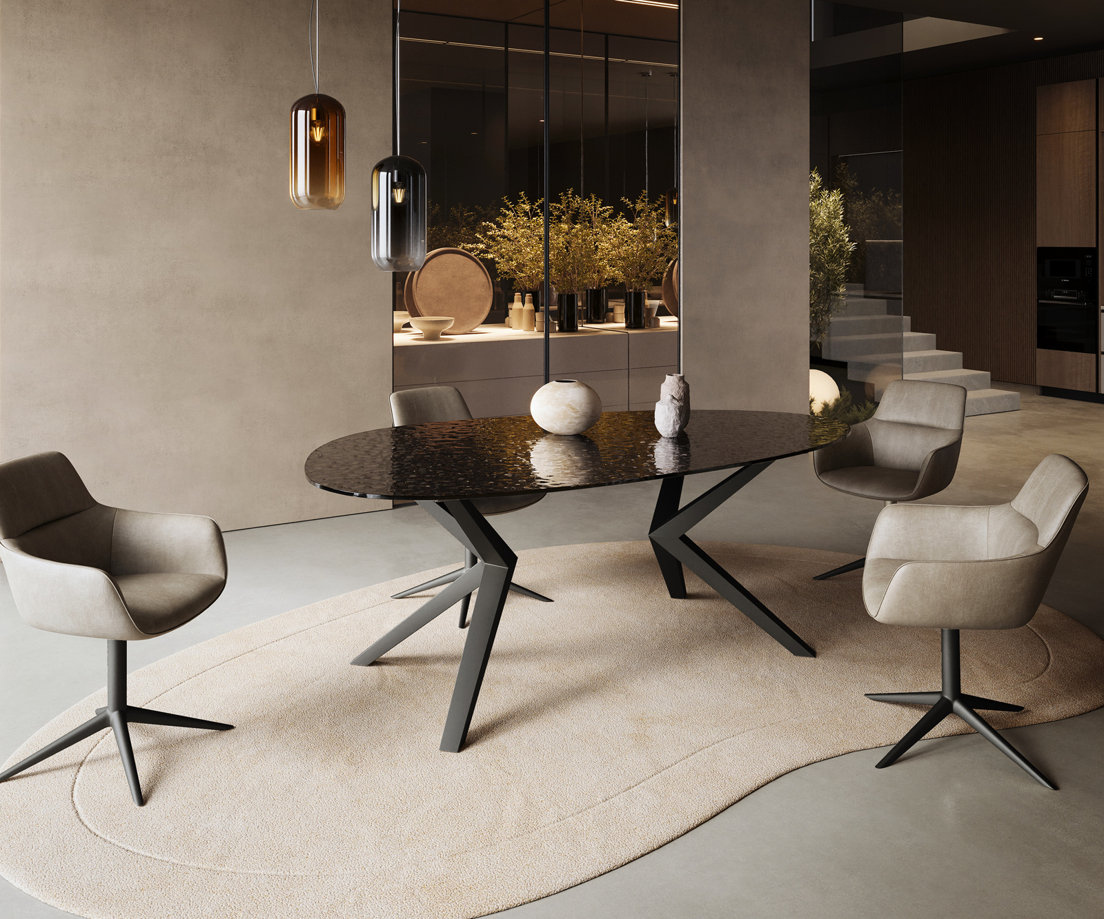 Jídelní stůl Edge oválný 220x120 reliéfní sklo kouřově černá 3D design Zenthara hranatý kov černá - Obrázek 5