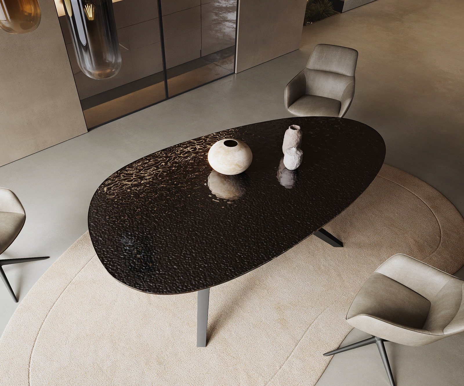 Jídelní stůl Edge oválný 220x120 reliéfní sklo kouřově černá 3D design Zenthara hranatý kov černá - Obrázek 4