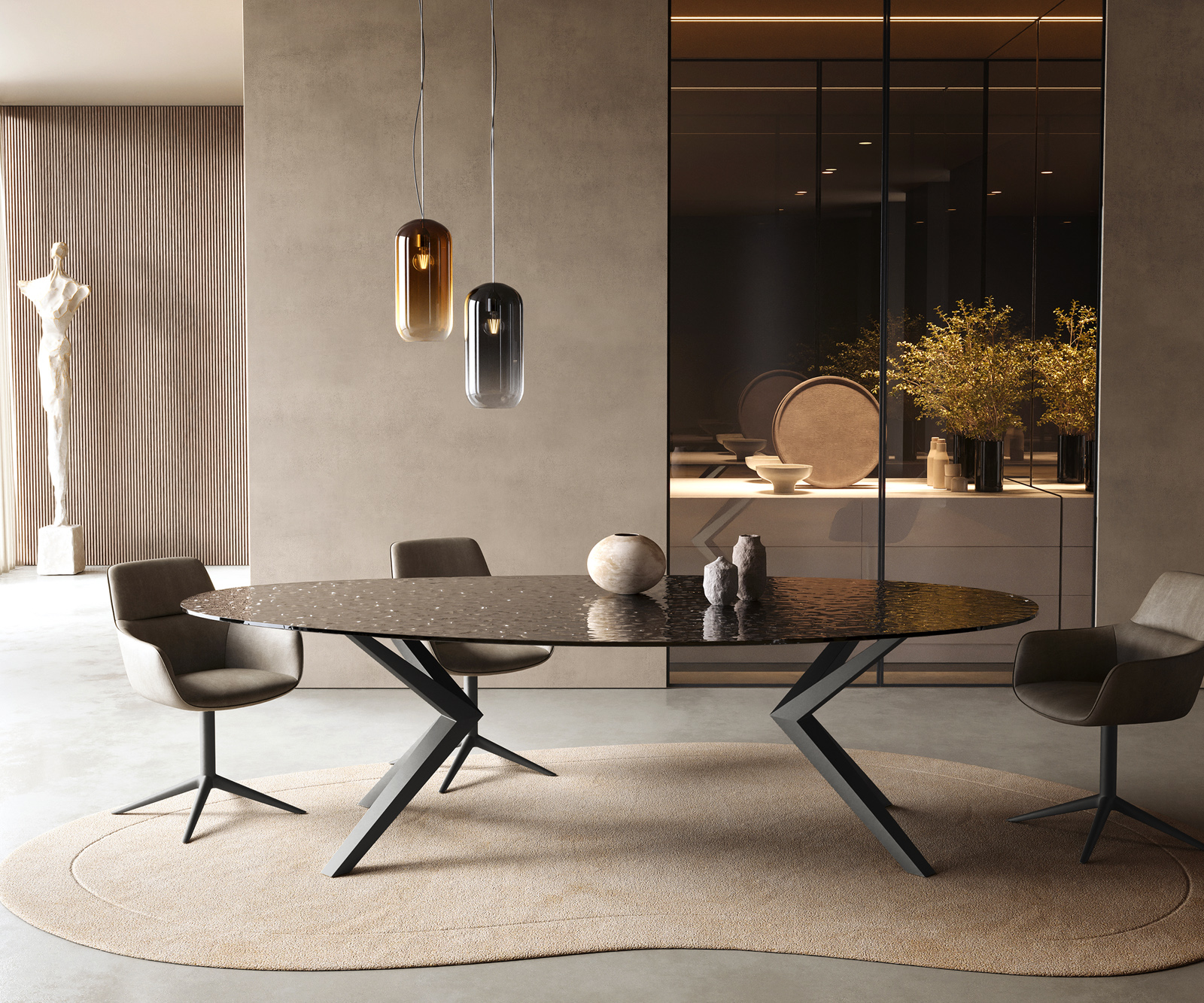 Jídelní stůl Edge oválný 280x130 sklo s reliéfem kouřově černá 3D design Zenthara hranatý kov černá