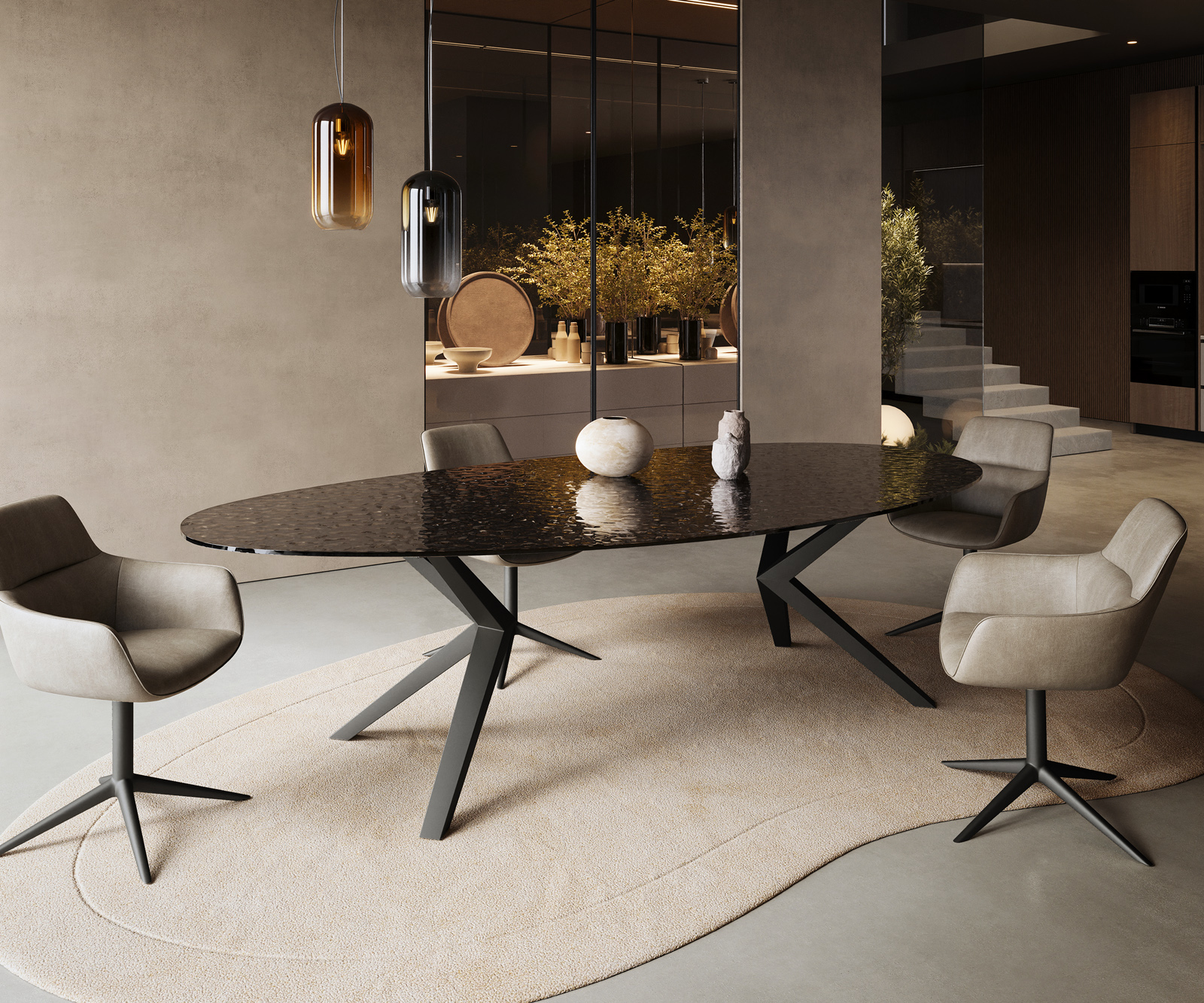 Jídelní stůl Edge oválný 280x130 sklo s reliéfem kouřově černá 3D design Zenthara hranatý kov černá - Obrázek 5