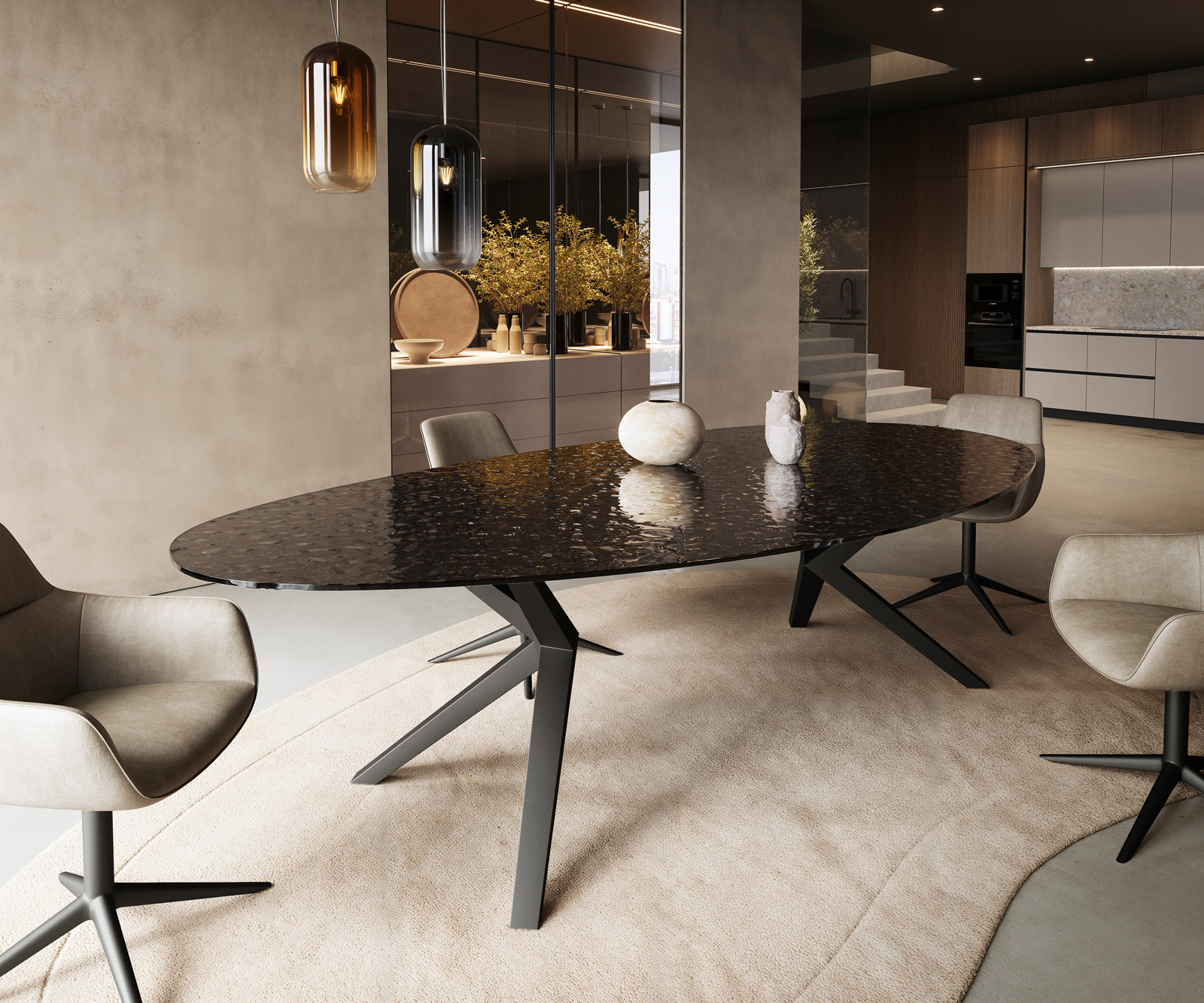 Jídelní stůl Edge oválný 280x130 sklo s reliéfem kouřově černá 3D design Zenthara hranatý kov černá - Obrázek 2