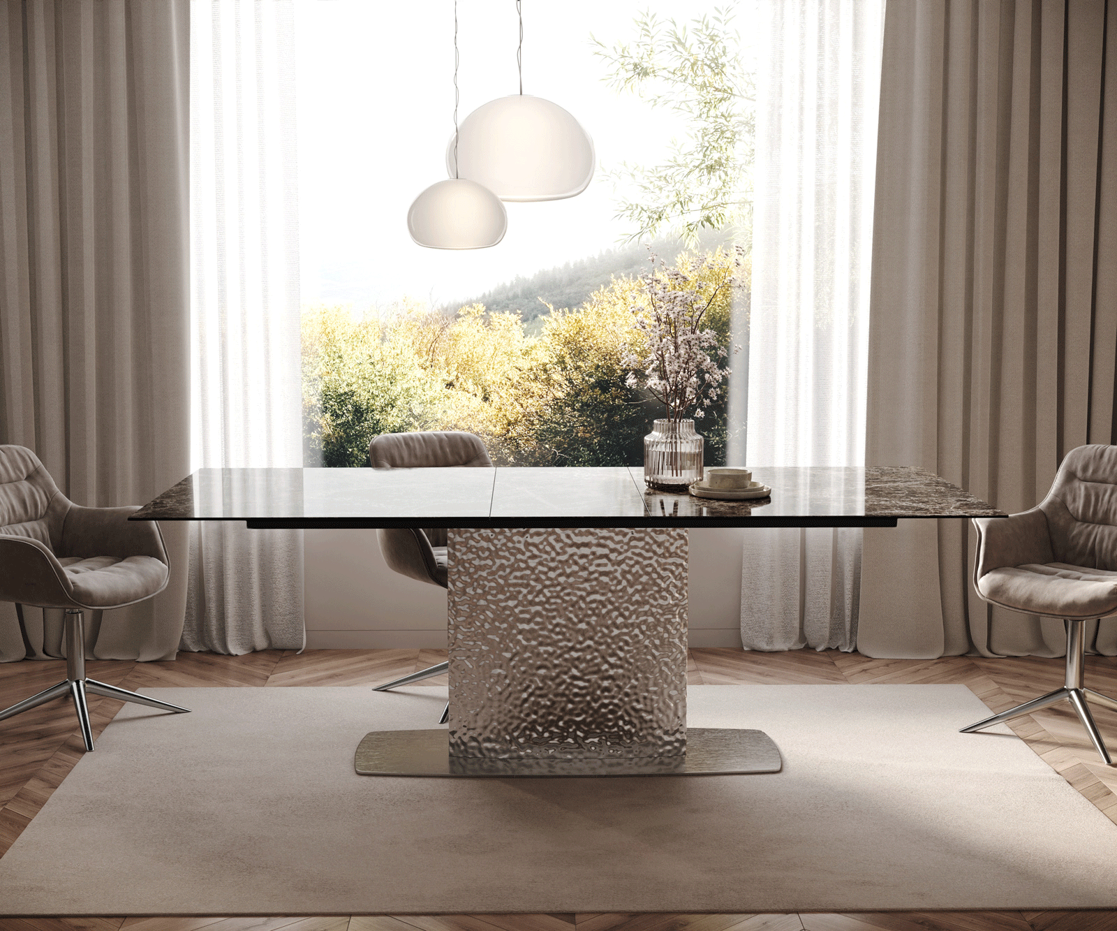 Jídelní stůl Edge 180-220x100 keramika Laminam® Emperador Extra Lucidato tmavě hnědá Wave nerezová ocel rozkládací - Obrázek 2