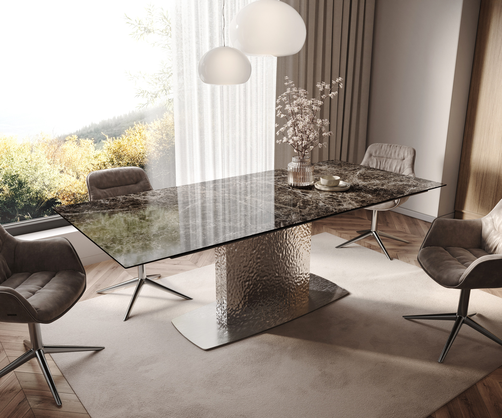 Jídelní stůl Edge 180-220x100 keramika Laminam® Emperador Extra Lucidato tmavě hnědá Wave nerezová ocel rozkládací