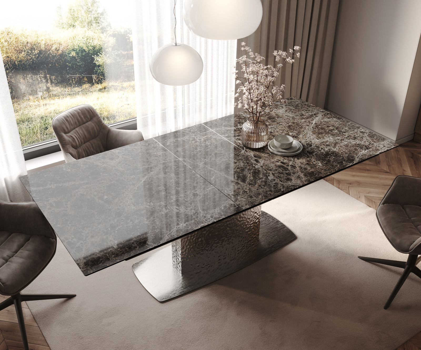 Jídelní stůl Edge 180-220x100 keramika Laminam® Emperador Extra Lucidato tmavě hnědá Wave nerezová ocel rozkládací - Obrázek 4