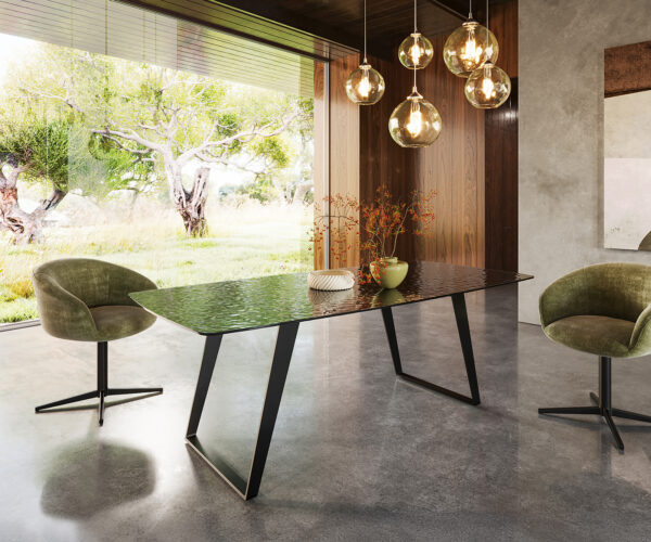 Jídelní stůl Edge Boot 200x100 sklo s reliéfem kouřově černé 3D design kov šikmý černý - Obrázek 4