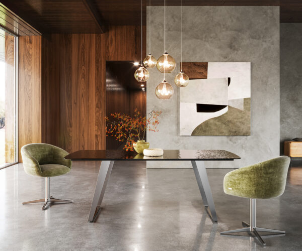 Jídelní stůl Edge Boot 200x100 sklo s reliéfem kouřově černé 3D design nerezová ocel zkosený - Obrázek 2