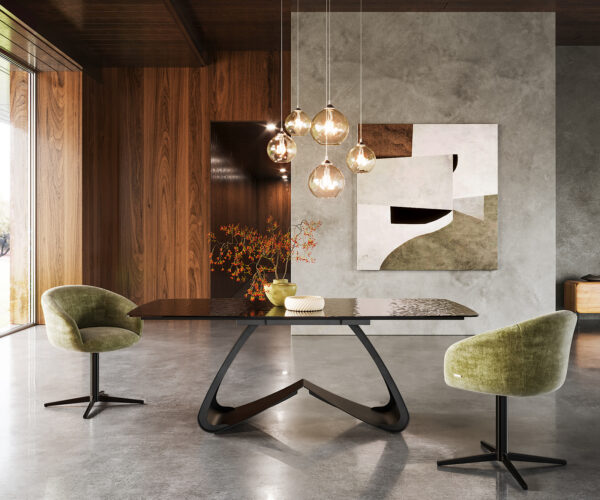 Jídelní stůl Edge Boot 200x100 sklo s reliéfem kouřově černá 3D design podnož ve tvaru W kov černá - Obrázek 2