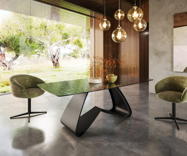 Jídelní stůl Edge Boot 200x100 sklo s reliéfem kouřově černá 3D design podnož ve tvaru W kov černá - Obrázek 4