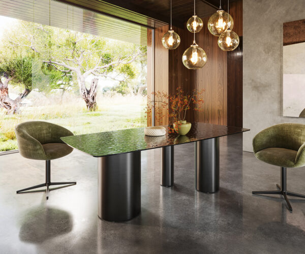 Jídelní stůl Edge Boot 200x100 sklo s reliéfem kouřově černá 3D design Troa nerezová ocel grafit - Obrázek 4