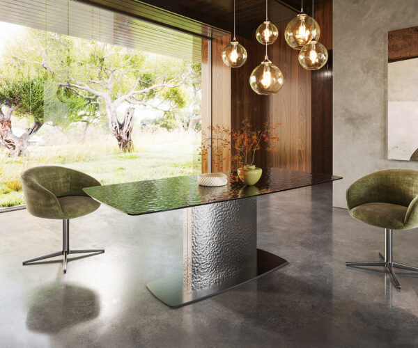 Jídelní stůl Edge Boot 200x100 sklo reliéf kouřově černá 3D design Wave nerezová ocel - Obrázek 4