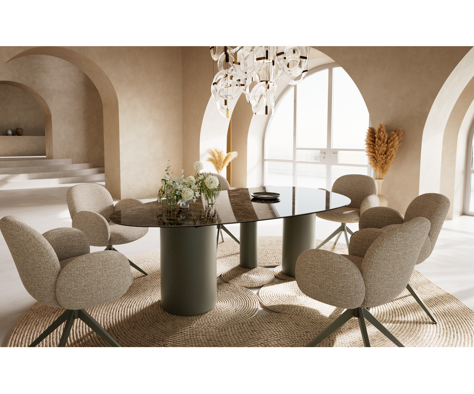 Jídelní stůl Edge oválný 220x120 keramika Laminam® Emperador Extra Lucidato tmavě hnědá Troa kov titanová barva - Obrázek 6