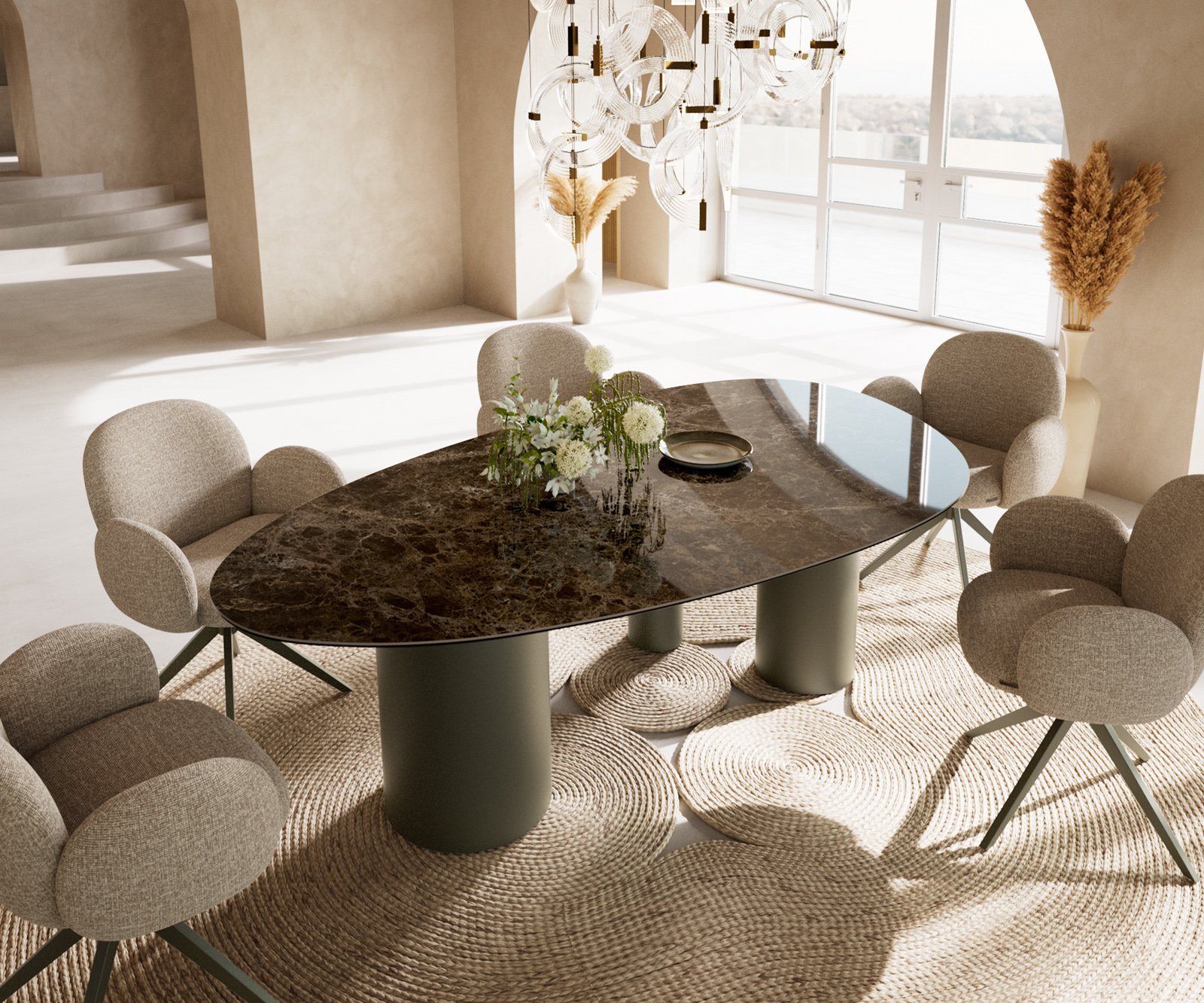 Jídelní stůl Edge oválný 220x120 keramika Laminam® Emperador Extra Lucidato tmavě hnědá Troa kov titanová barva