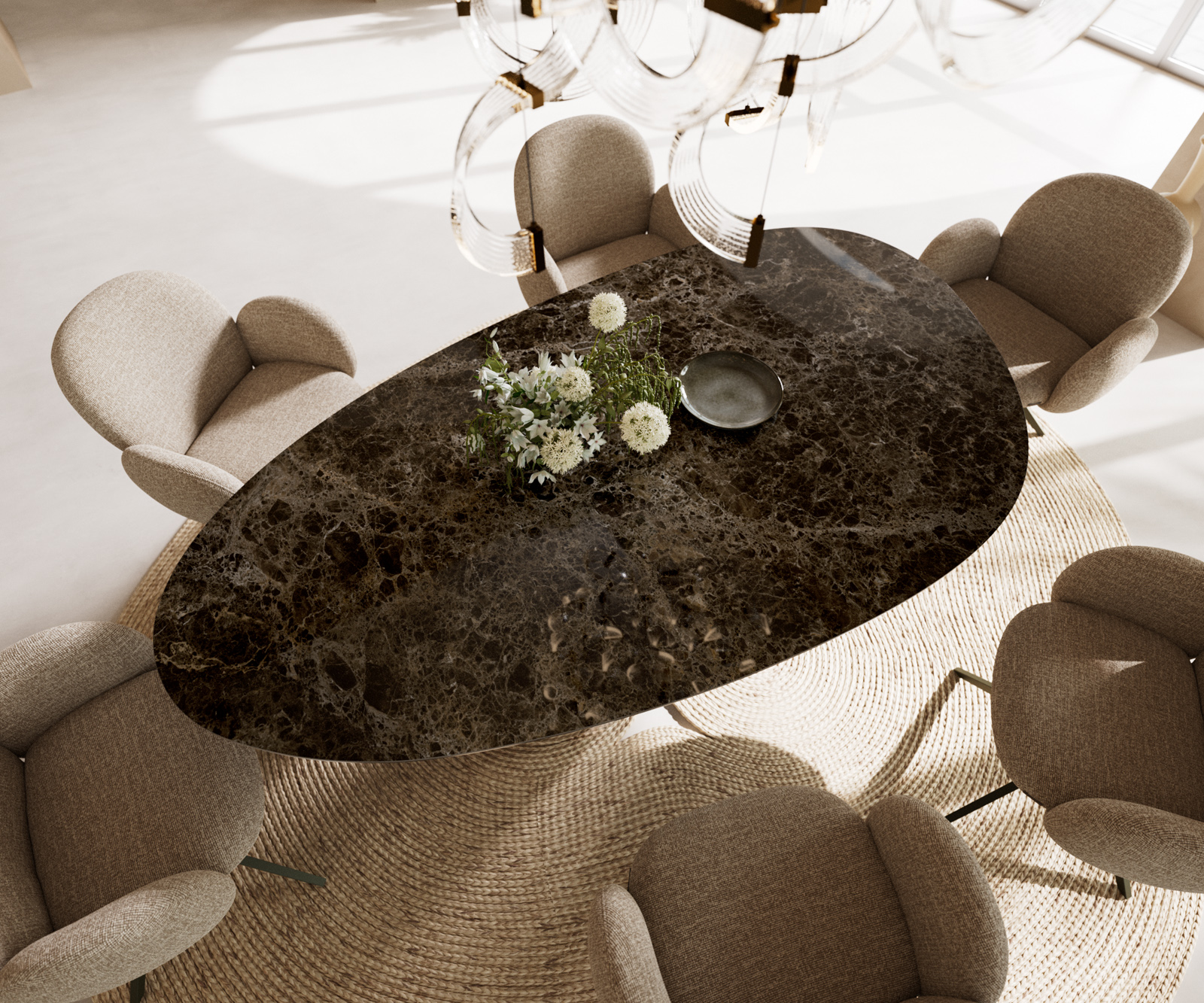 Jídelní stůl Edge oválný 220x120 keramika Laminam® Emperador Extra Lucidato tmavě hnědá Troa kov titanová barva - Obrázek 2