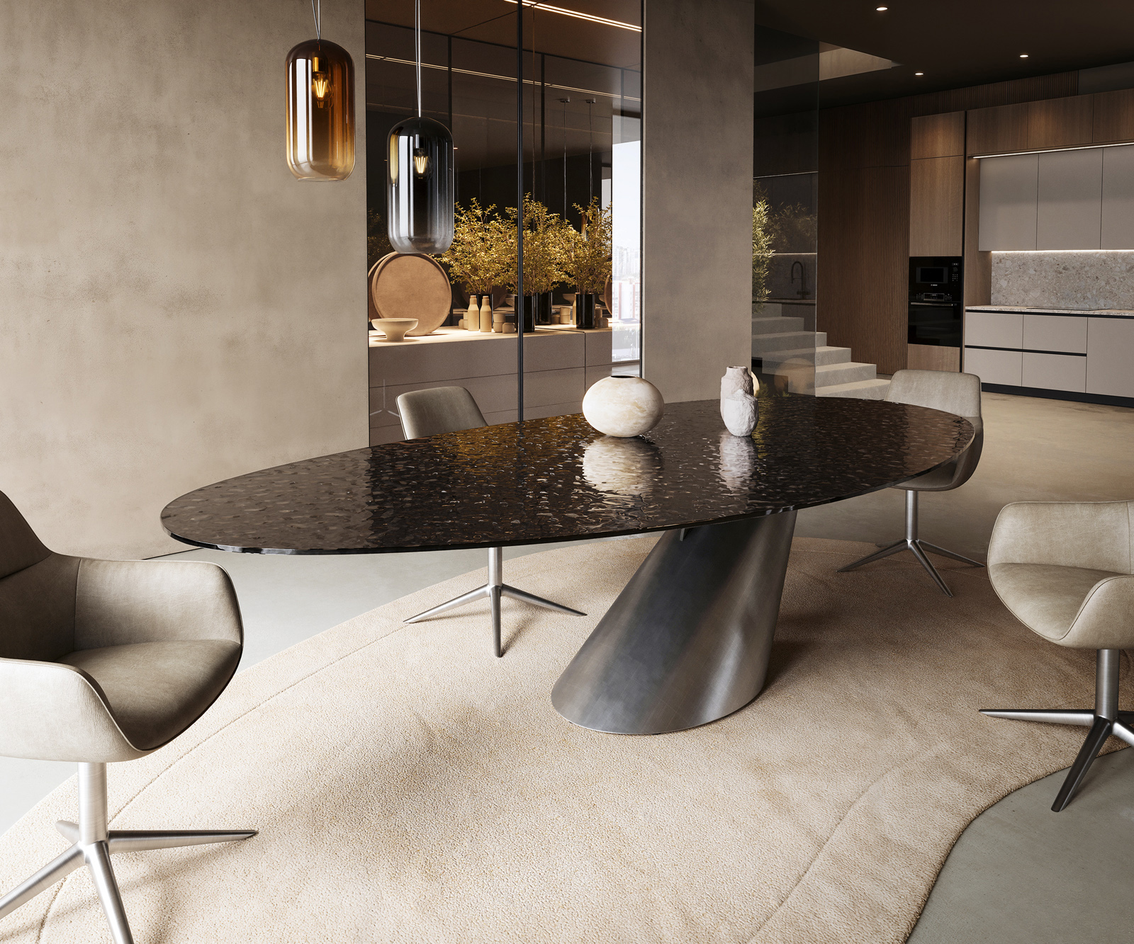 Jídelní stůl Edge oválný 280x130 sklo s reliéfem kouřově černé 3D design Cono kov stříbrná - Obrázek 2